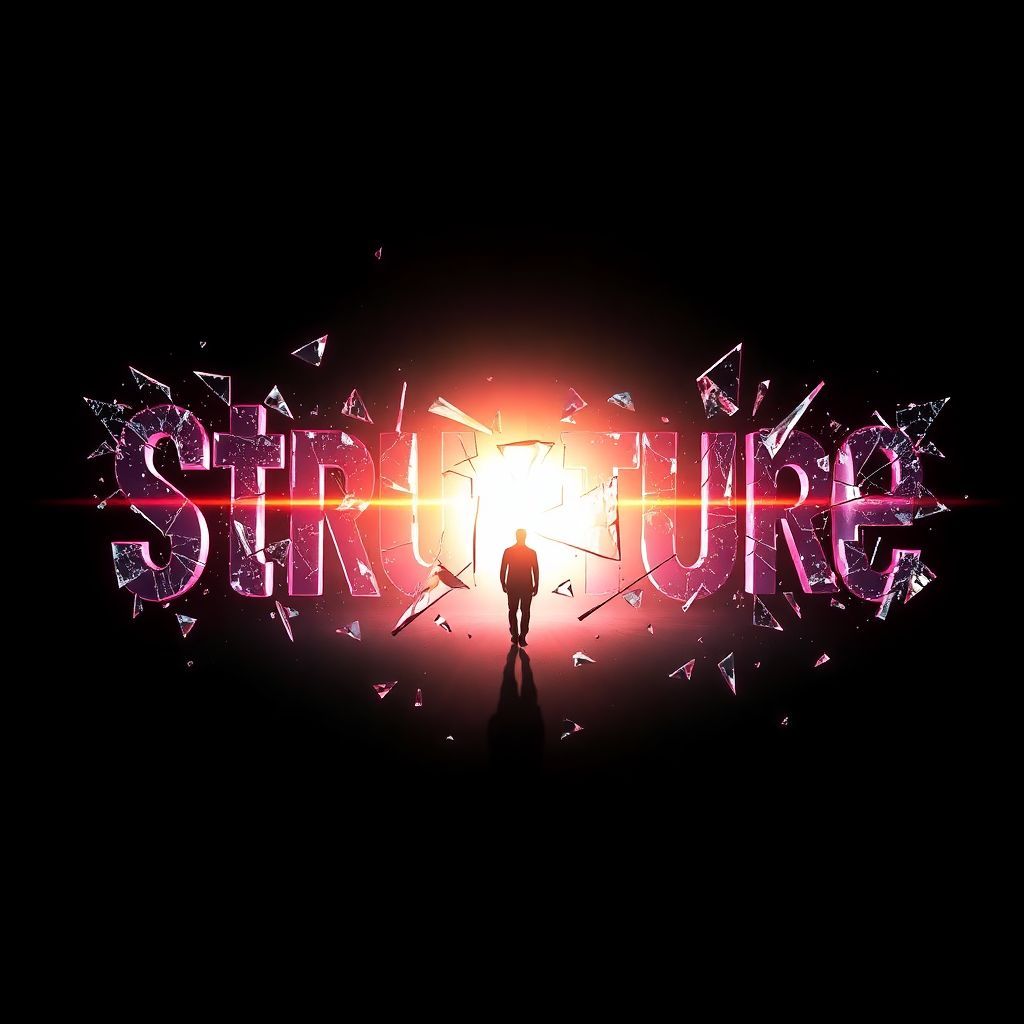 Hip-Hop AI Album Cover — An abstract hip-hop cover illustrating shattered glass forming the title "Structure" alongside a silhouette of a person walking towards the light; dark tones with splashes of neon colors, surreal lighting effects, high contrast, 8k resolution, representing chaotic emotions and rebirth.