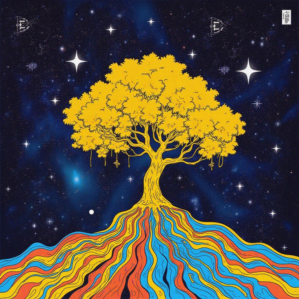 Funk AI Album Cover — An artistic album cover for '声灵觉醒' featuring a vibrant, hand-drawn style half intertwined with polished photography; a golden tree symbolizing growth and rhythm amidst swirling cosmic patterns and colorful sound waves, creating a psychedelic and celestial atmosphere; warm golden hues contrast with deep space blues, highly detailed, 8k quality, evoking a sense of awakening and harmony.
