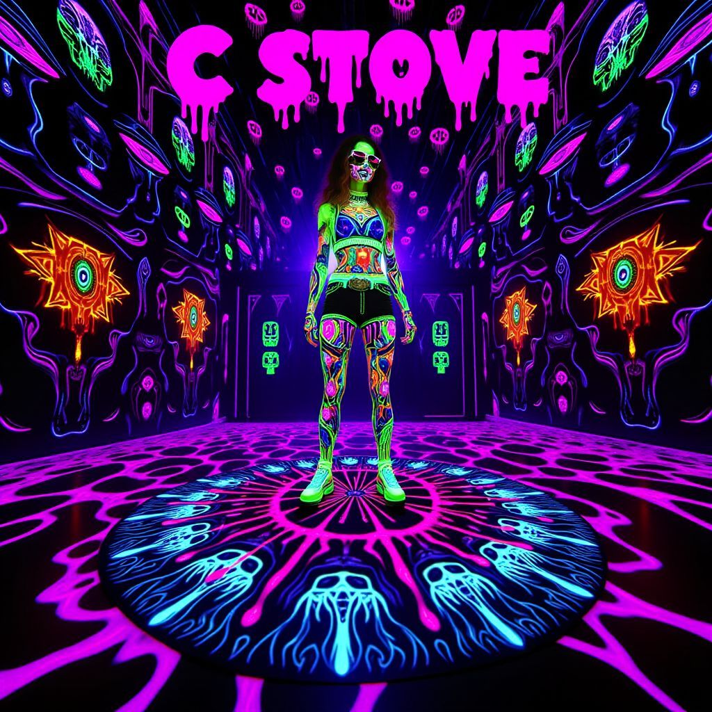 House AI Album Cover — A psychedelic vinyl album cover for 'C Stove - Bomb The Beat' featuring vibrant neon colors and abstract shapes pulsating in a rhythmic pattern; a surreal landscape with geometric forms illuminated under black light; high quality, 8k resolution, energetic and vibrant atmosphere