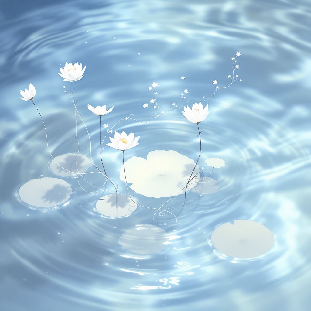 Meditation AI Album Cover — An abstract representation of flowing water with lotus leaves, minimalist style, 8k resolution, subtle reflections, soft blues and whites, high quality and calming