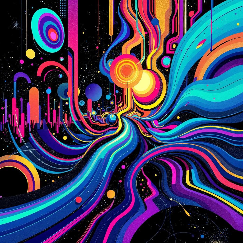 Electronic AI Album Cover — An abstract psychedelic collage combining geometric shapes and waves of sound, vivid neon colors pulsating against a dark backdrop; dynamic lighting creating a sense of movement, immersive atmosphere, professional quality, highly detailed, 8k resolution
