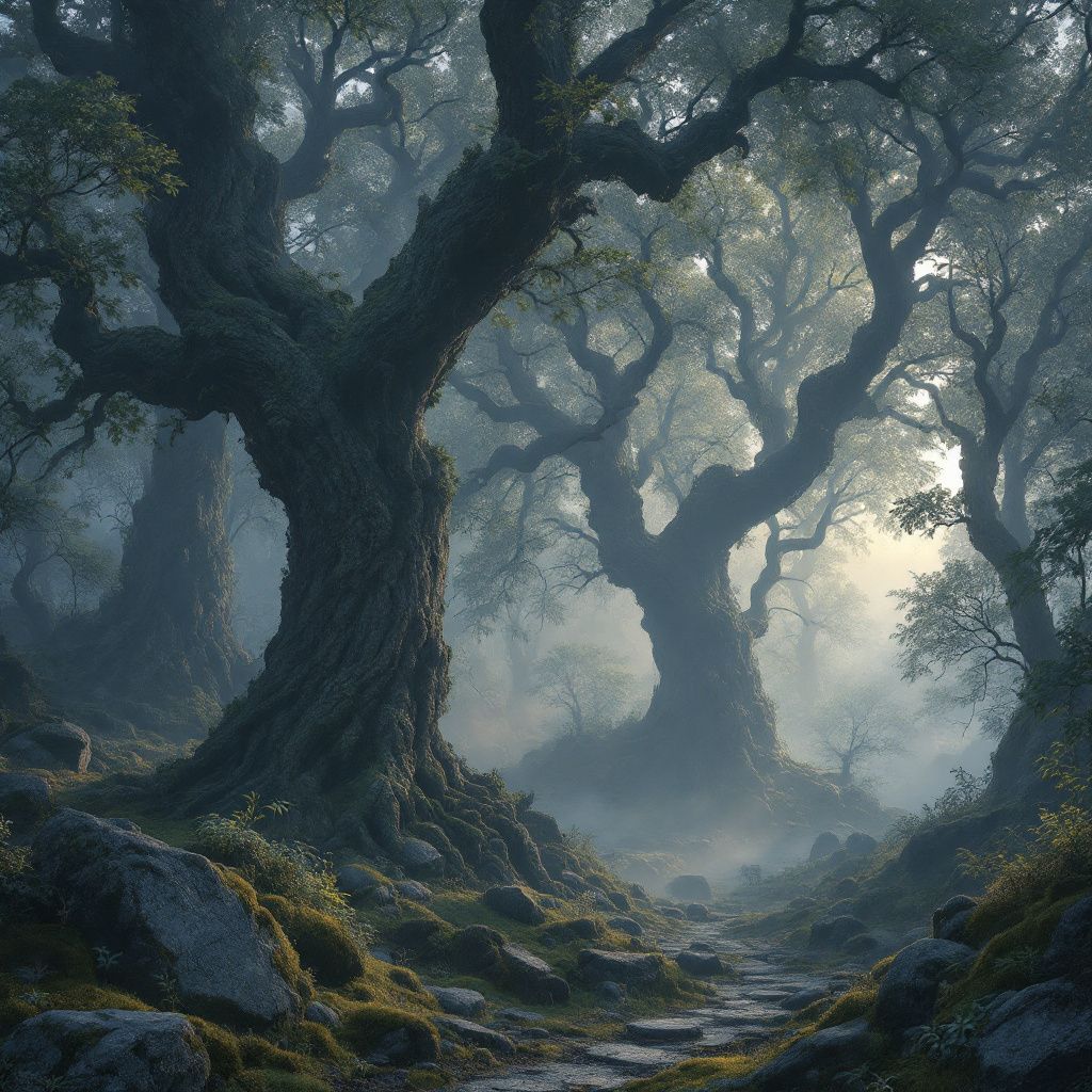 World AI Album Cover — Mysterious Celtic forest with ancient stones, ethereal mist, soft twilight hues, lush greens and greys, deeply textured and atmospheric, photorealistic, masterpiece quality