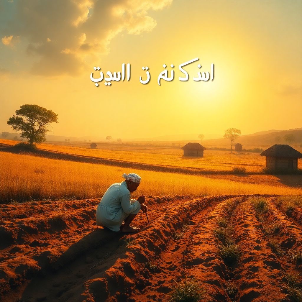 Folk AI Album Cover — A serene rural landscape painting evoking nostalgia, featuring a farmer kneeling in fertile soil, golden sunlight bathing the scene; the title "Στη γη την ξένη" integrated into the sky with elegant script, warm earth tones, highly detailed, ethereal atmosphere, 8k resolution