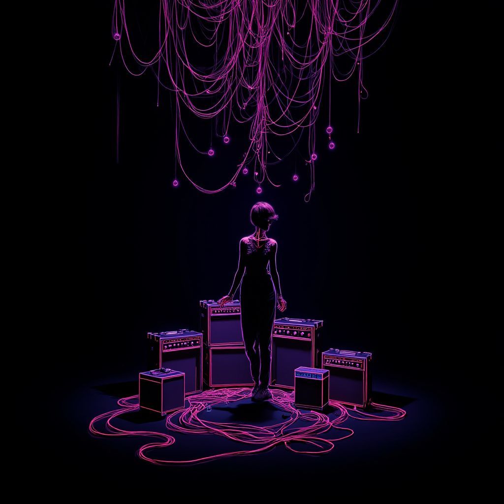 Indie AI Album Cover — A surreal illustration depicting an outline of a person in pain, abstract cables flowing into multiple guitar amplifiers, deep black backdrop; cinematic lighting creates a moody atmosphere, integrated title 'hulled' and 'Saltwire' in stylish font, ethereal quality, 8k resolution