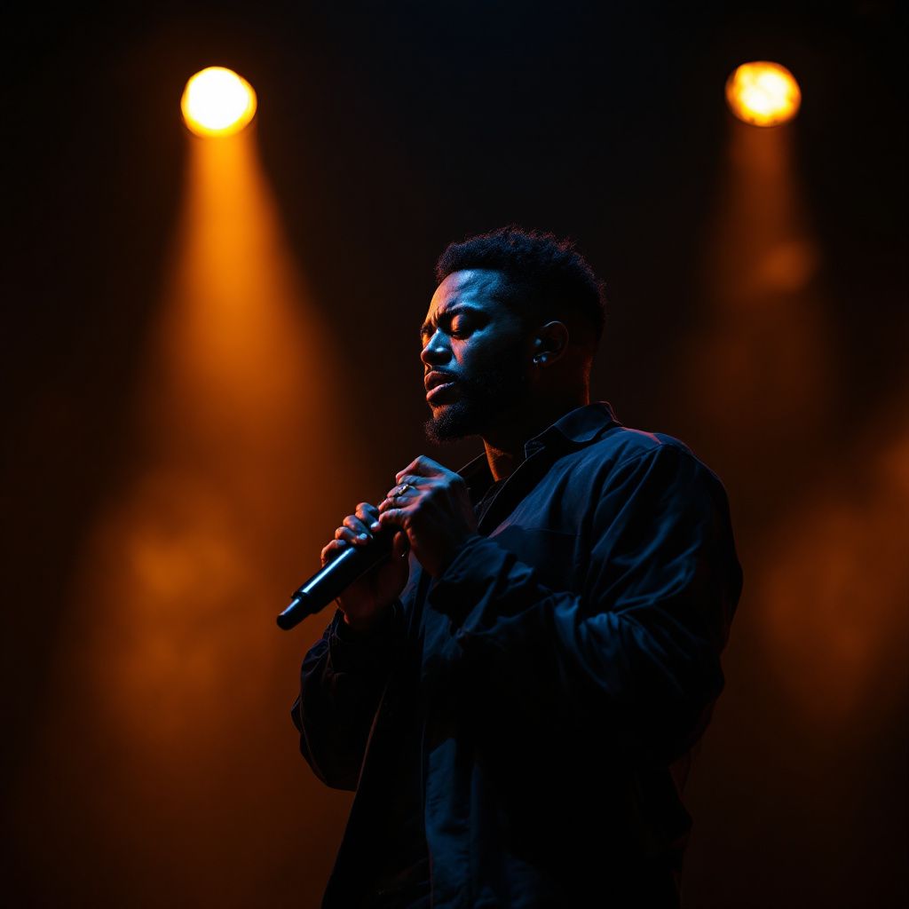 Soul AI Album Cover — A soulful singer on stage, cinematic lighting, rich blues and golds, soulful expression, intricate details, centered composition, 8k resolution, professional quality
