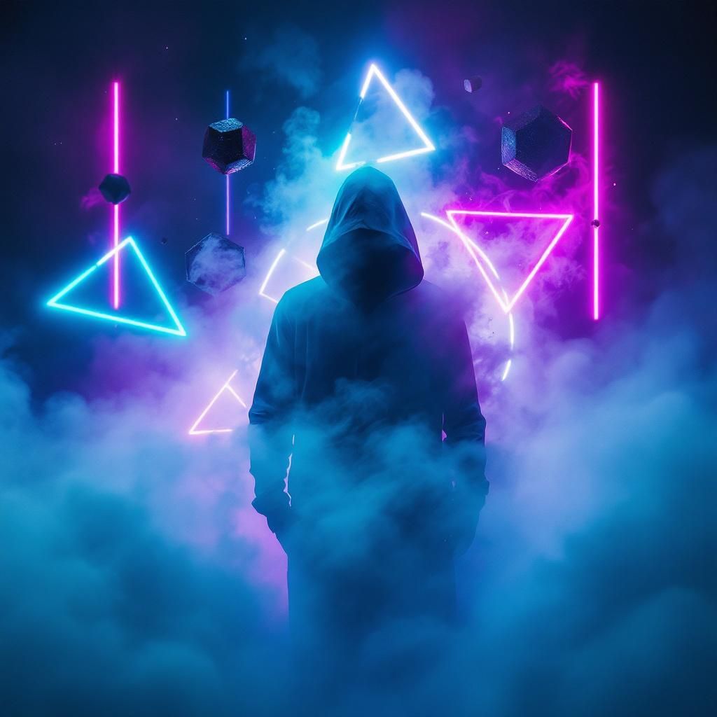 Electronic AI Album Cover — A surreal electronic album cover to represent dark desires, featuring a shadowy figure shrouded in mist, surrounded by swirling neon lights and abstract shapes; moody atmosphere with deep blues, purples, and shimmering metallic accents; highly detailed with ethereal lighting, 8k resolution, creating an unsettling yet captivating visual experience.