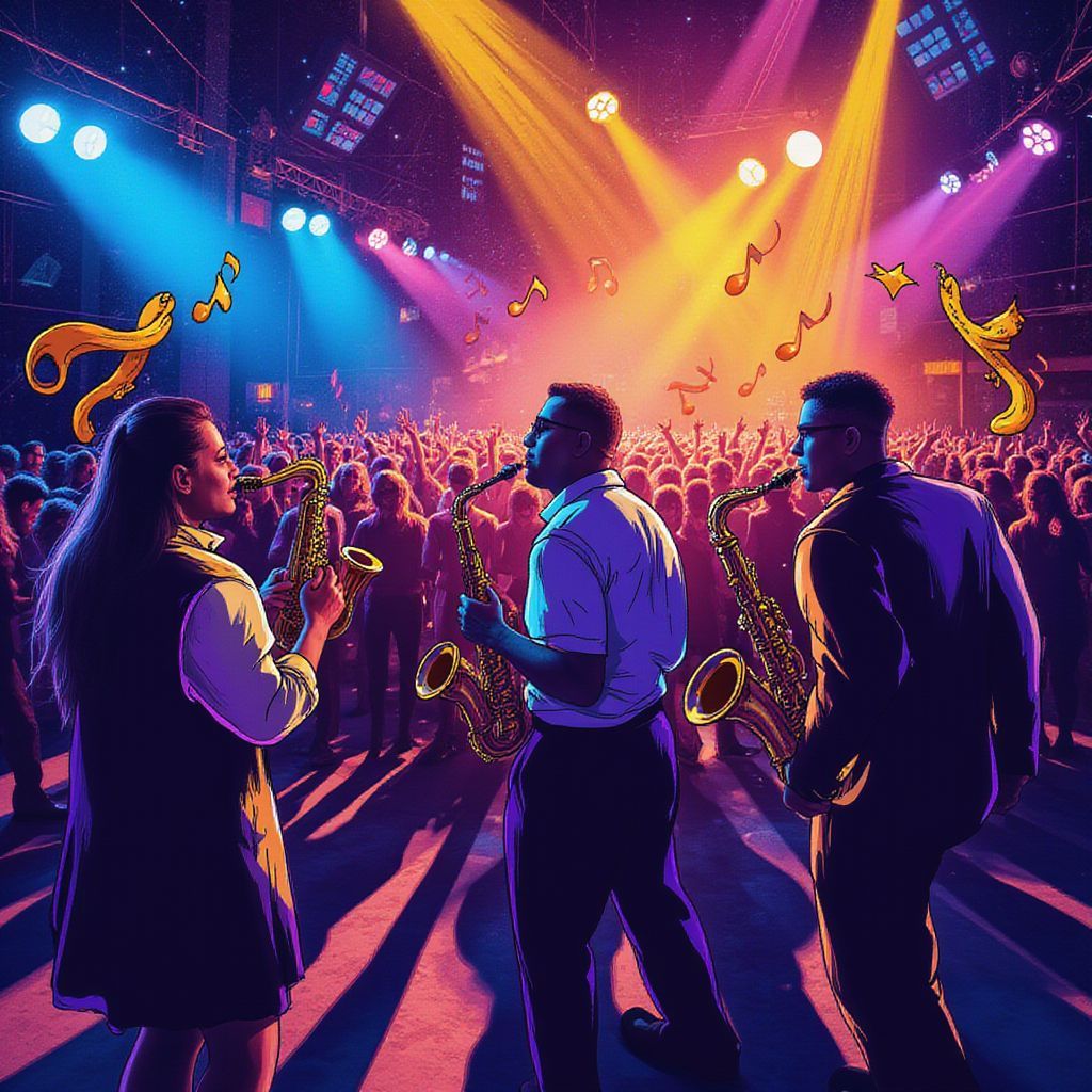 Jazz AI Album Cover — A vibrant jazz album cover depicting a lively crowd dancing under colorful lights; half photographic realism of the crowd and half hand-drawn illustrations of flowing musical notes and saxophones; warm color palette with blues, purples, and golds; energetic and passionate atmosphere, highly detailed, 8k resolution