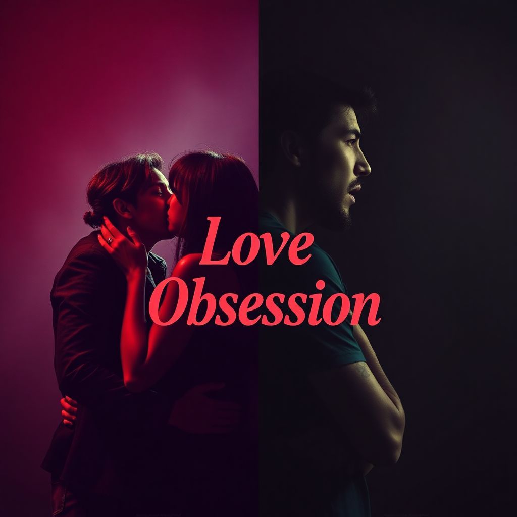 Rock AI Album Cover — A striking album cover split into two halves featuring two lovers; one side shows them passionately kissing under soft ambient lighting, and the other depicts them in a heated argument with dramatic shadows; vintage rock aesthetic, clear integration of the title "Love Obsession" in a bold, artistic font, rich reds and deep blues, 8k resolution, highly detailed, emotional and dynamic atmosphere.