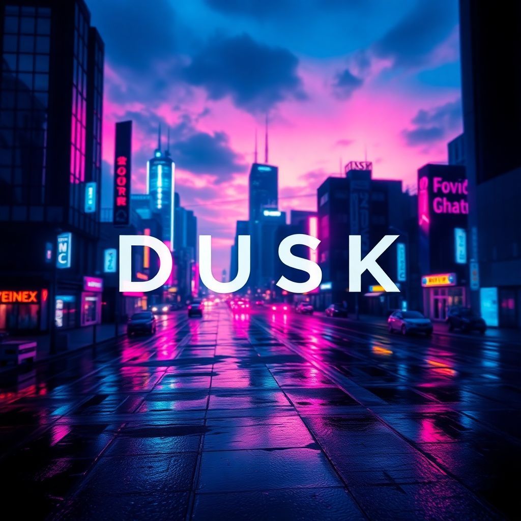 Techno AI Album Cover — A beautiful techno album cover titled "DUSK", featuring an abstract cityscape at twilight, with vibrant neon lights reflecting off wet surfaces; surreal lighting, deep blues and purples blend into soft pinks, highly detailed with a dreamy, ethereal atmosphere, 8k resolution, clear and integrated typography.
