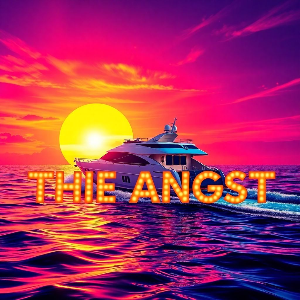 Disco AI Album Cover — A vibrant disco-inspired album cover featuring an ocean cruising pleasure boat during a vivid sunset; groovy, psychedelic visuals with swirling colors of orange, pink, and purple; clear integration of the title "THE ANGST" in bold, retro font, highly detailed, photorealistic style, cinematic lighting, 8k resolution.