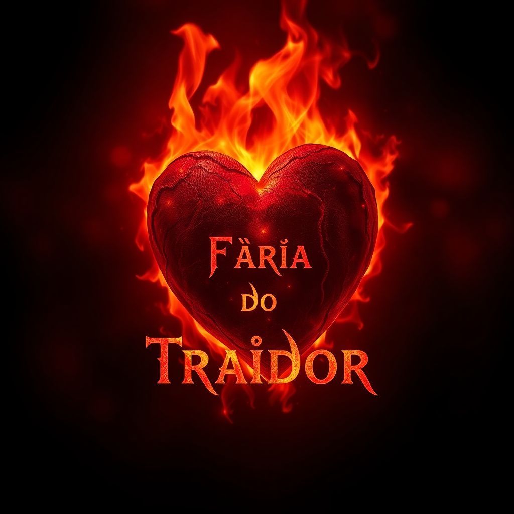 Metal AI Album Cover — A dark and aggressive album cover featuring a fiery heart engulfed in flames, symbolizing betrayal and rage; cinematic lighting with deep reds and blacks, highly detailed textures and sharp contrasts; the title "Fúria do Traidor" integrated into the flames, evoking intensity and emotion; photorealistic style, 8k resolution