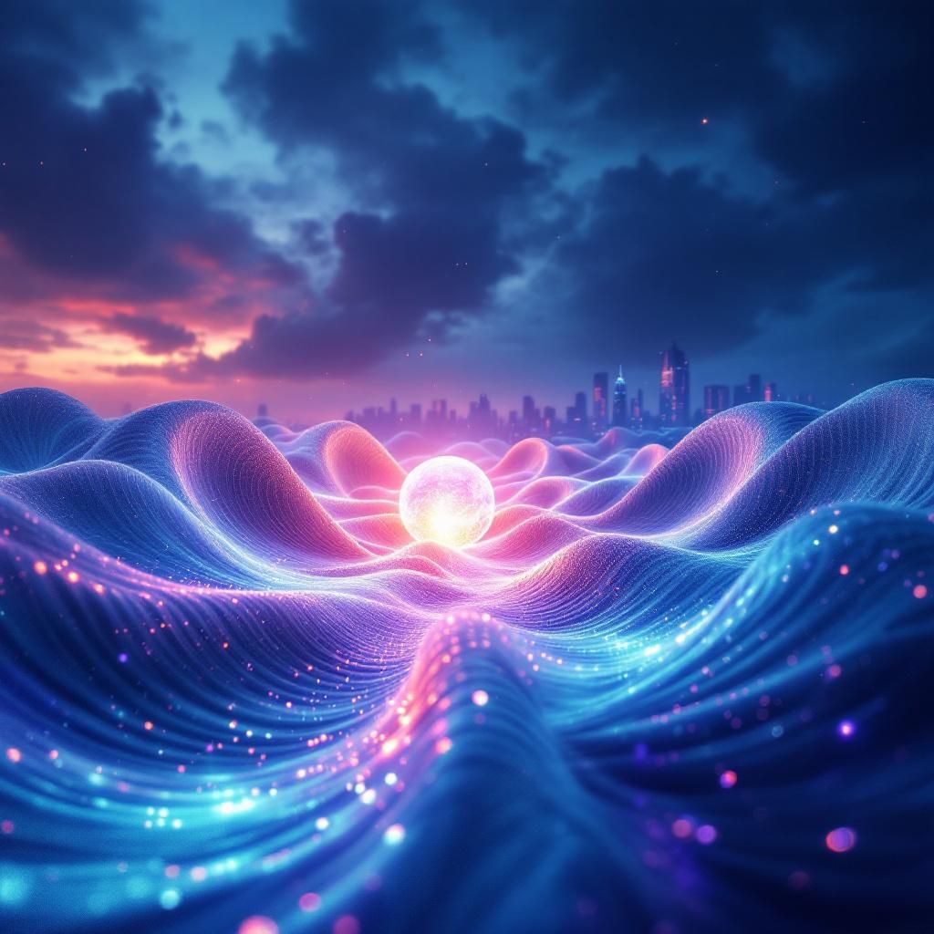 Soundtrack AI Album Cover — A surreal album cover featuring an abstract representation of sound waves emanating from a glowing orb, futuristic city skyline in the background; ethereal and moody atmosphere, vibrant colors of blues and purples, highly detailed with sharp focus, capturing emotional depth, 8k resolution, cinematic feel