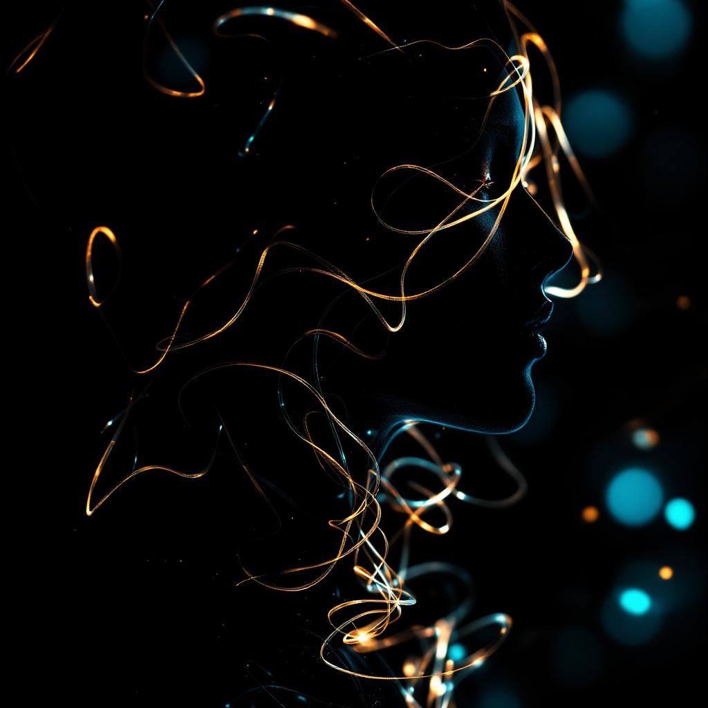 Indie AI Album Cover — An ethereal silhouette of a person amidst swirling, abstract cables that connect to amplifiers, against a stark black background; cinematic and surreal lighting that enhances melancholy, title 'hulled' and 'Saltwire' stylized in dreamy typography, 8k resolution, professional and high quality.