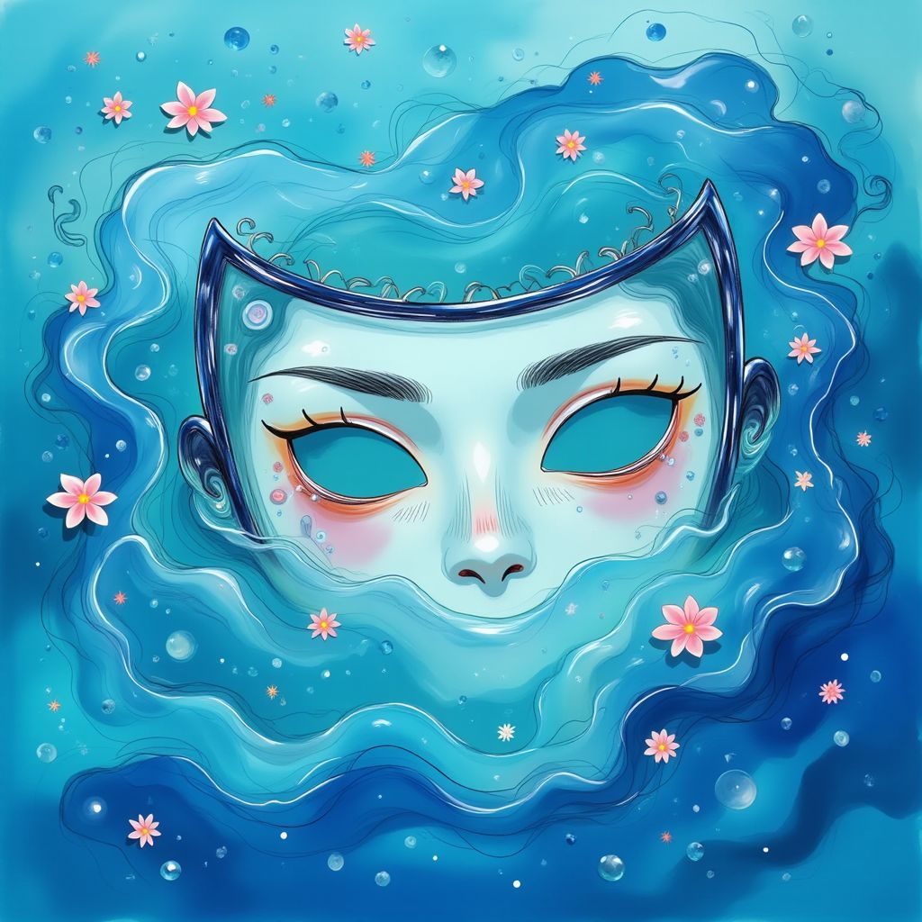 K-Pop AI Album Cover — A whimsical album cover featuring a half-submerged glass mask amidst swirling azure ink, inspired by K-Pop aesthetics; minimalist silver typography of 'midnight palette' elegantly displayed, vibrant and dreamy color palette, ethereal lighting, highly detailed design, 8k resolution