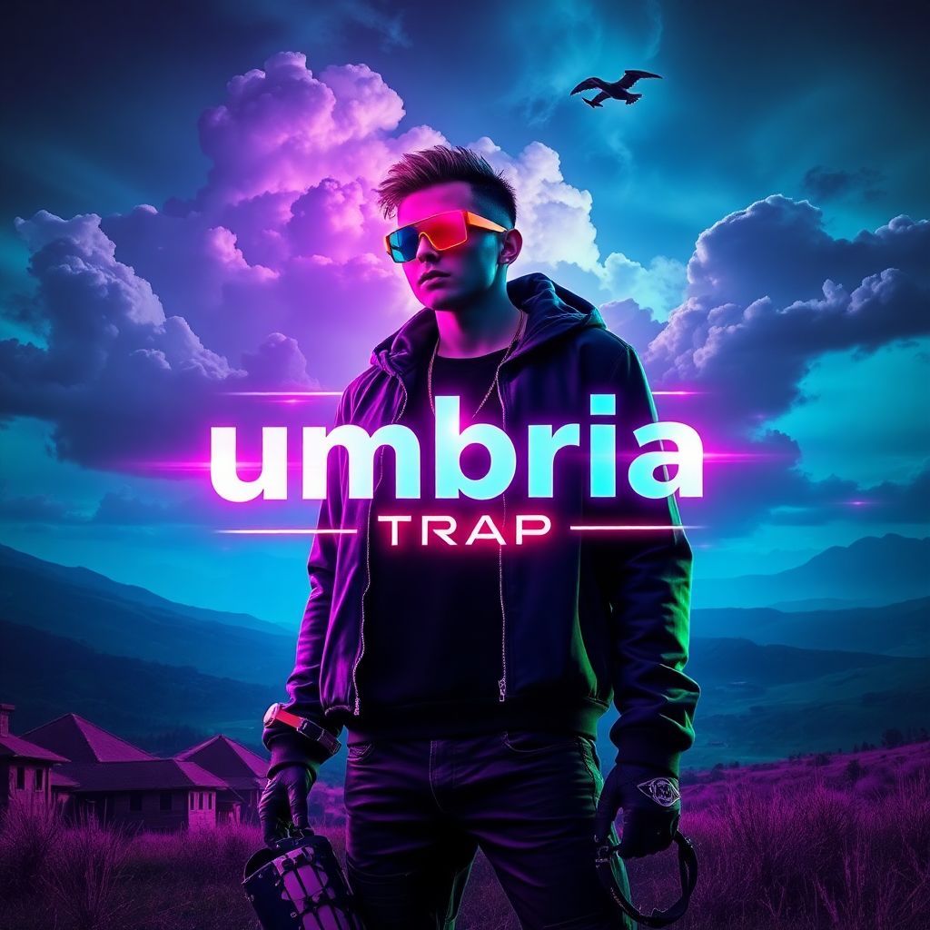 Rap AI Album Cover — A cyberpunk-inspired album cover for "UMBRIA TRAP," featuring a gender-neutral protagonist in modern streetwear against a stylized Umbrian landscape; vibrant neon colors of electric blue, deep purple, and toxic green; cinematic lighting, dramatic skies with digital clouds and glitch effects, highly detailed textures; title integrated as a hologram with bold typography; rebellious and visionary mood, 8K resolution, ultra-detailed rendering.