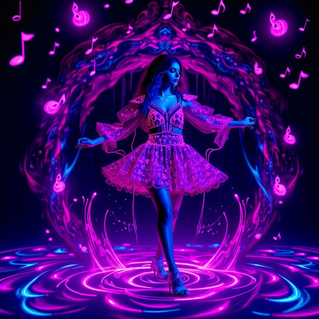 R&B AI Album Cover — A vibrant black light illustration for the RnB album 'Farketmez', featuring an ethereal figure in a dream-like pose, surrounded by floating musical notes and glowing abstract shapes; psychedelic colors of purples, blues, and pinks, soft atmospheric lighting, highly detailed, 8k resolution, capturing emotional depth and tranquility