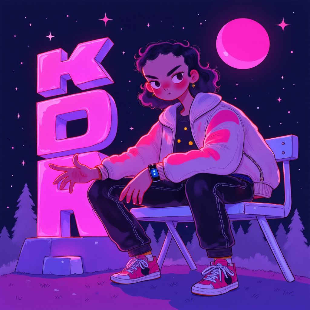 Trap AI Album Cover — A bold hip-hop album cover for 'KID ERA' by KID JAYVEE, featuring abstract purple and pink shapes with neon accents; minimalist yet striking composition, urban high-fashion vibes, modern typography, stylish and edgy, vibrant lighting, highly detailed, 8k resolution, energetic and iconic feel