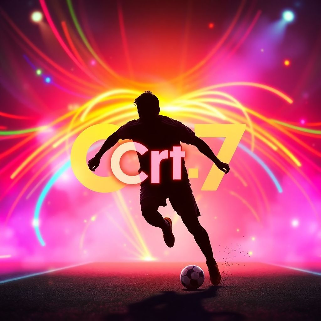 EDM AI Album Cover — A vibrant EDM album cover titled "Cr7" featuring a dynamic silhouette of a soccer player in action, surrounded by colorful light trails and abstract patterns; bright neon colors, energetic atmosphere, high contrast, highly detailed, rhythmic lighting, 8k resolution, immersive and celebratory vibe.