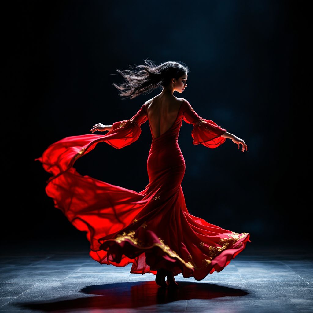 Latin AI Album Cover — Fiery flamenco dancer on stage, dramatic lighting, deep reds and blacks, high contrast, intense expression and motion, 8k, highly detailed