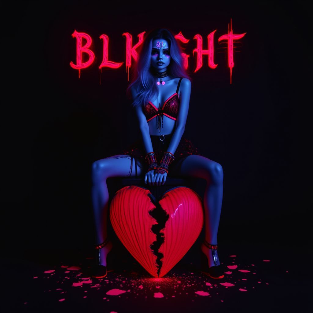Reggaeton AI Album Cover — A 3D illustration of a girl wearing lingerie, sitting above a shattered heart split in two, in a dark background with ethereal lighting; red lettering with white shadow in a vintage font, highly detailed and photorealistic, captures the emotional depth of reggaeton and heartbreak, 8k resolution