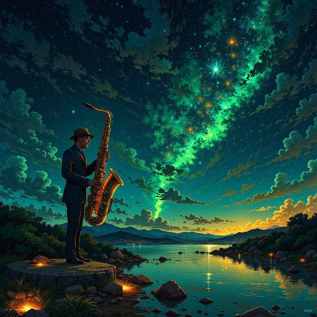 Jazz AI Album Cover — A dreamy jazz album cover titled 'A Sudden Spark', featuring an abstract saxophone illuminated by twinkling stars, rich teal and gold color palette, ethereal lighting with soft glows, highly detailed, 8k resolution, evoking feelings of spontaneity and inspiration, Ghibsky illustration style