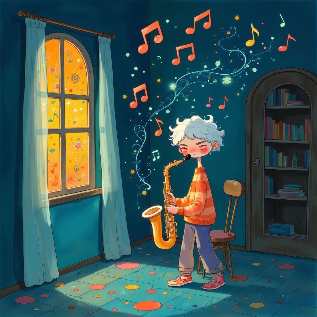 Jazz AI Album Cover — A whimsical jazz album cover featuring a dimly lit room filled with floating musical notes and echoes; a white-haired saxophonist playing in the foreground, surrounded by colorful musical waves, vibrant colors of blues and golds, ethereal lighting creating a dreamy atmosphere, highly detailed, 8k resolution