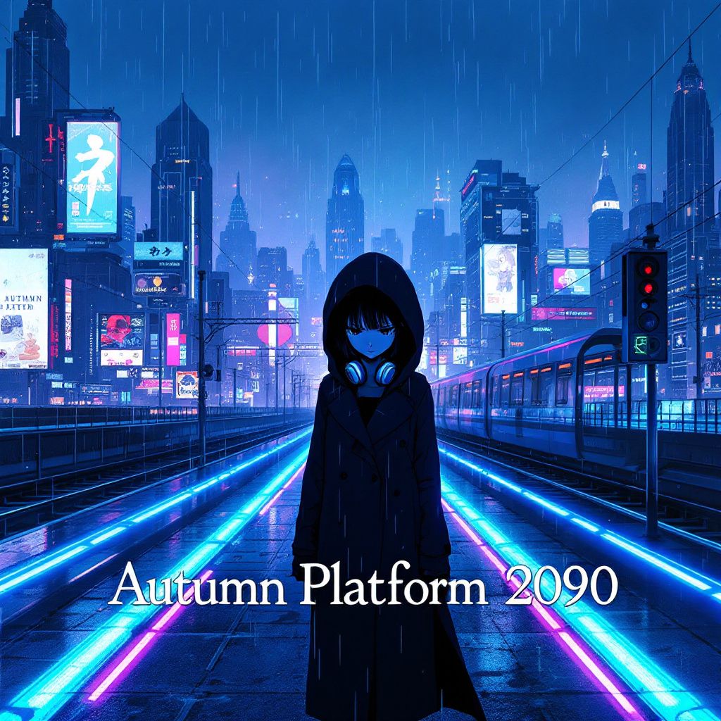 Lo-Fi AI Album Cover — A futuristic anime-style album cover depicting a girl in a long coat and headphones standing alone on a neon-lit train platform in the year 2090, illuminated by colorful reflections of blue, purple, and pink, with a cyberpunk city skyline and holographic ads in the background, capturing a melancholic and introspective mood, highly detailed and cinematic lighting, square format, text: 'Autumn Platform (2090)', 'Music Syndicate'