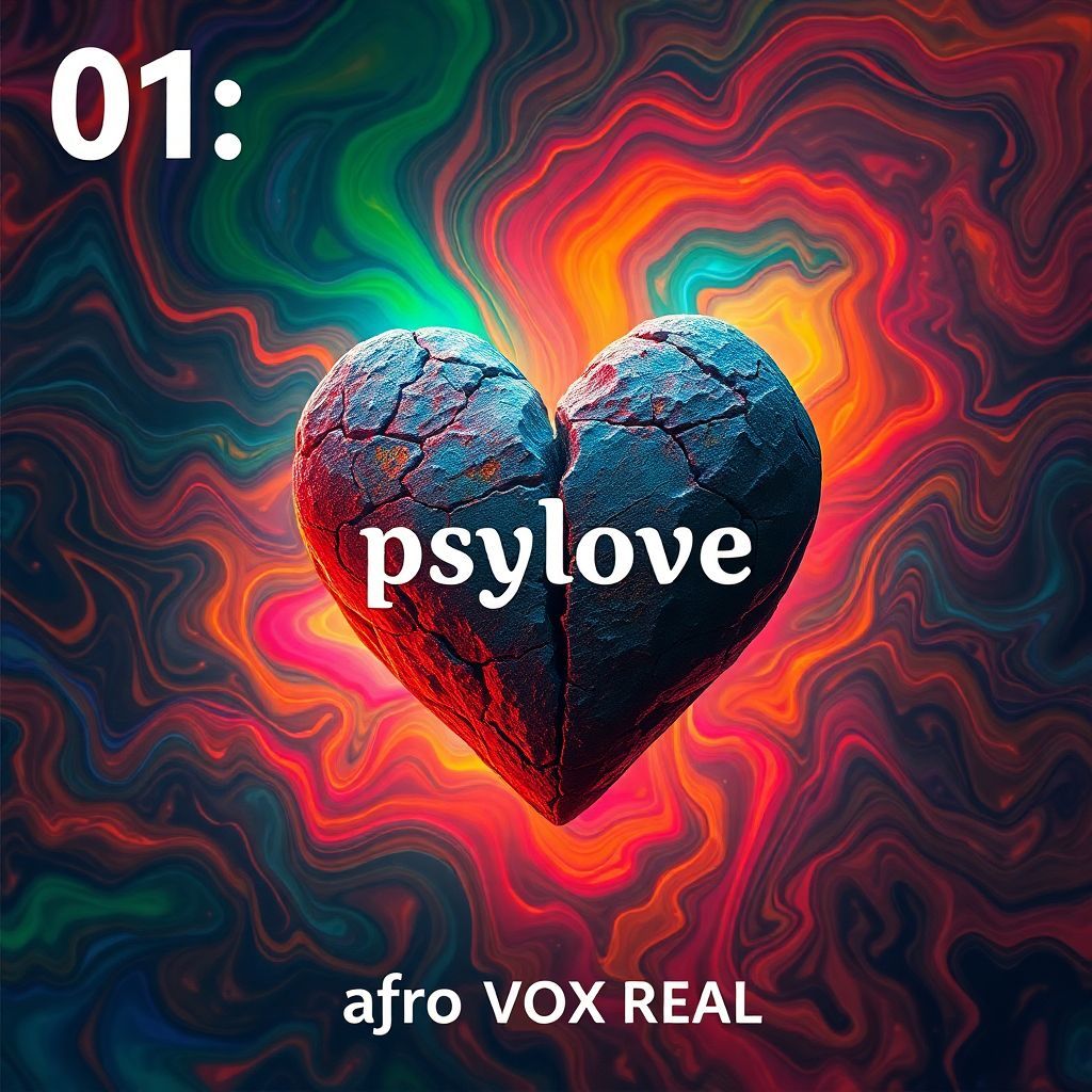 Afrobeat AI Album Cover — An abstract afrobeat album cover featuring a broken heart made of stone, surrounded by vibrant, flowing colors symbolizing love; the title "psylove" integrated seamlessly into the design with a psychedelic font; atmospheric lighting, rich jewel tones, highly detailed, ethereal feel