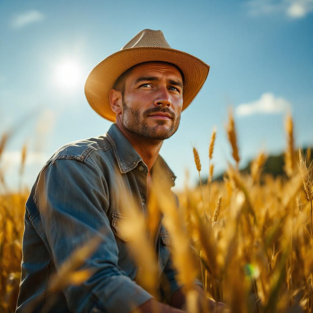 Folk AI Album Cover — A serene folk album cover depicting a farmer in a golden field under the warm sun, close-up view with sweat glistening; soft, warm lighting creating an ethereal vibe, earthy tones of yellow and green, highly detailed, 8k resolution, capturing emotional depth and hard work.