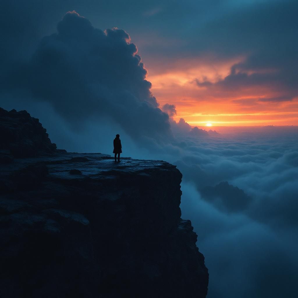 Rock AI Album Cover — A moody rock album cover with a lone figure sitting on a cliff at sunset, gazing at the horizon; ethereal lighting, dramatic clouds, color palette of deep blues and warm oranges; highly detailed and photorealistic, 8k resolution, capturing themes of longing and solitude, ambient atmosphere