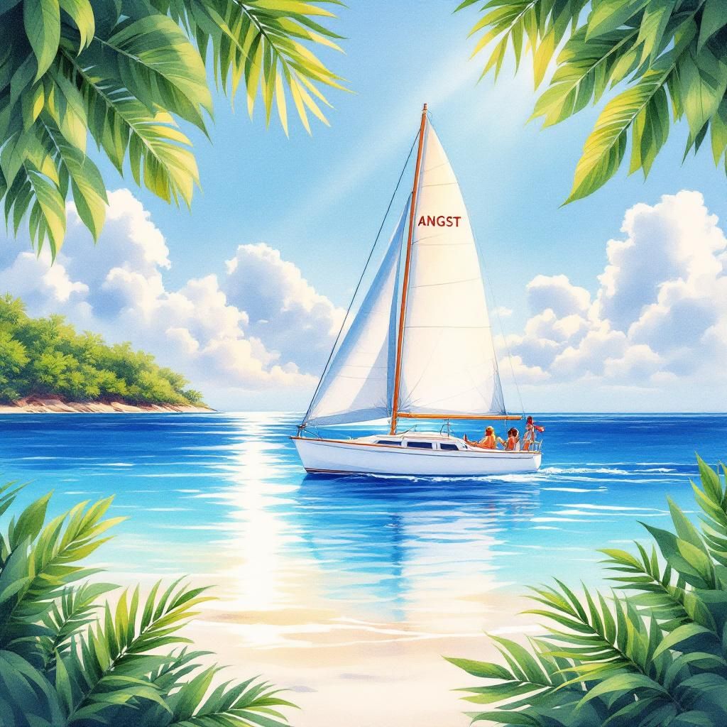 Chillout AI Album Cover — A serene beach scene showcasing a sailboat named 'ANGST' gliding over vibrant blue waters, warm sunlight casting golden reflections, dreamlike atmosphere with fluffy white clouds, lush tropical greenery framing the backdrop; features artistic watercolor style, high-quality detail, evoking freedom and adventure, 8k resolution.