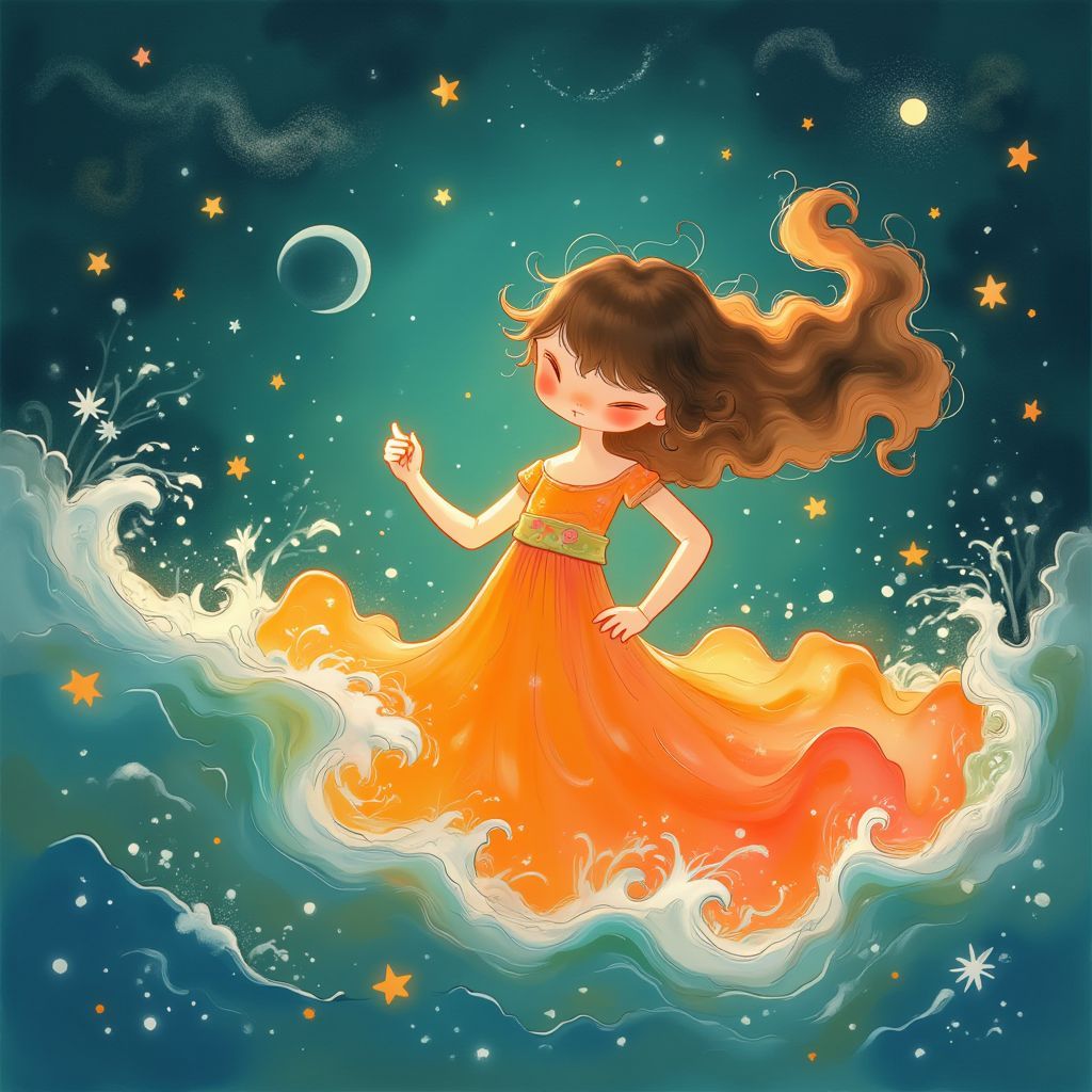 World AI Album Cover — A whimsical album cover featuring a vibrant, dancing figure surrounded by swirling mango-colored waves and sparkles, set against a dreamy night sky with twinkling stars; ethereal lighting, soft focus, 8k resolution, highly detailed, capturing the flow of love and emotion.