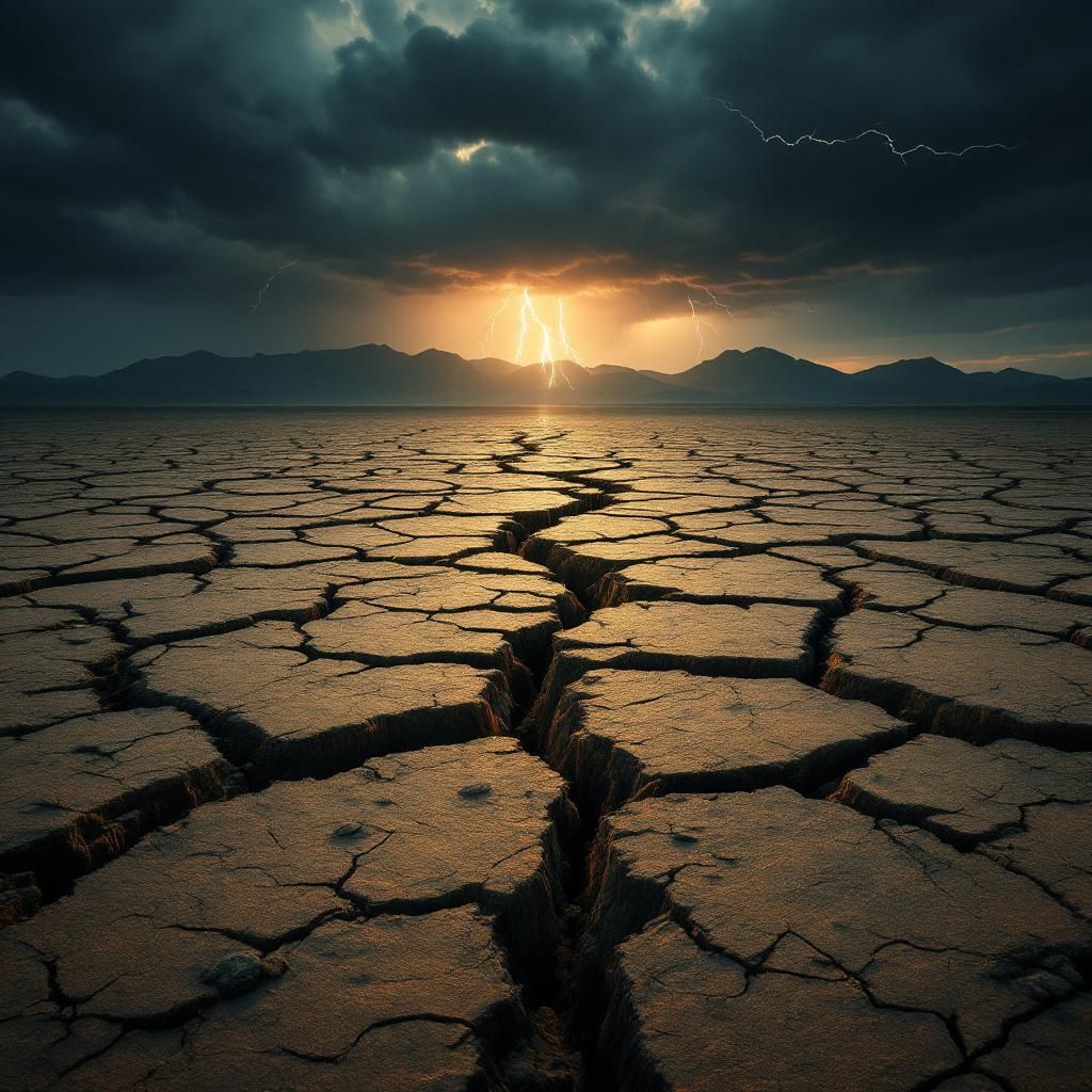 Rap AI Album Cover — A powerful rap album cover depicting a cracked earth landscape symbolizing fracking, with dark clouds overhead and striking lightning; vibrant color palette of deep greens and browns, moody and dramatic lighting, highly detailed and photorealistic style, 8k resolution, conveying tension and conflict themes in a surreal manner.