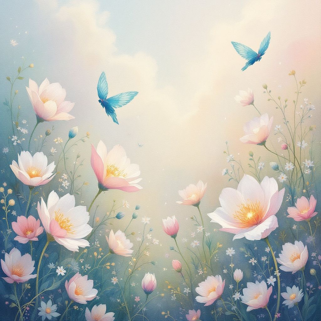 Chillout AI Album Cover — A tranquil garden with blooming flowers, abstract style, pastel shades, soft light, vibrant and lively mood, intricate details, high resolution, dreamlike quality