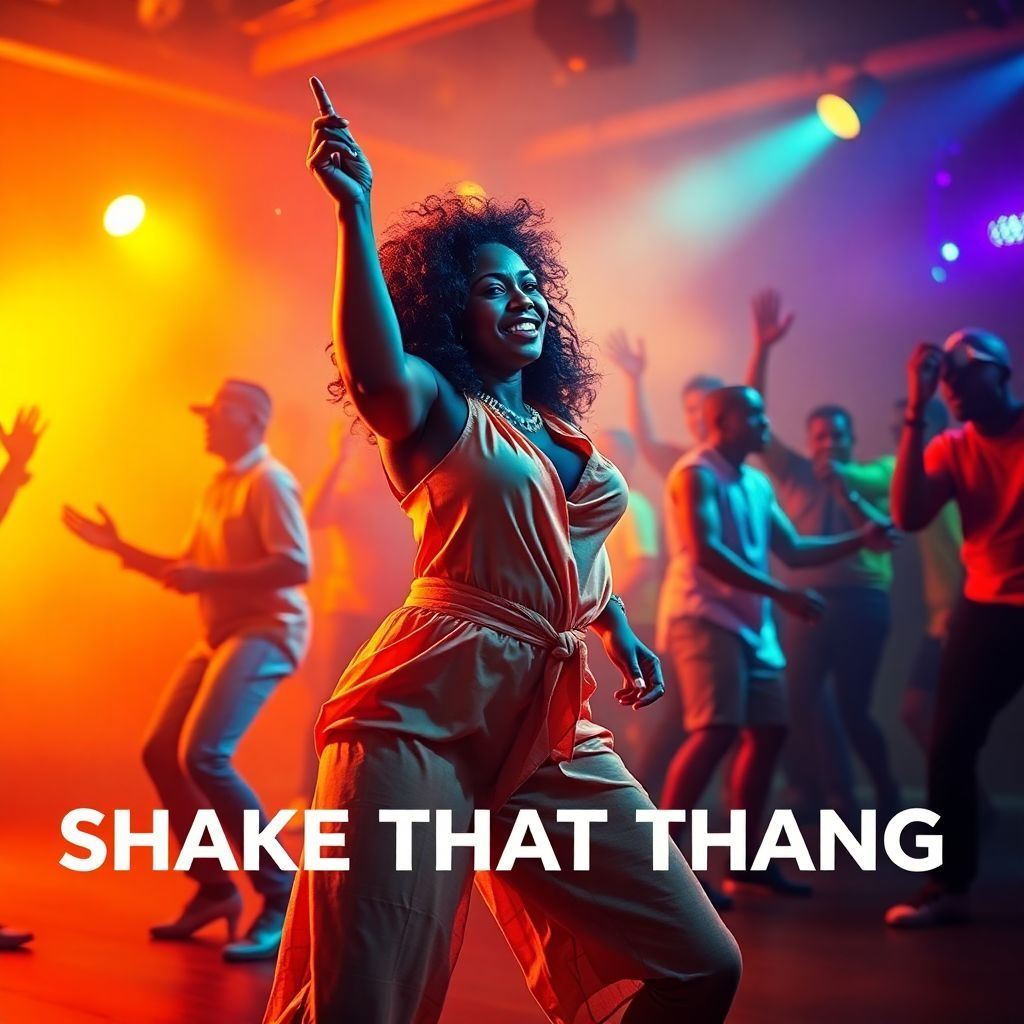 Afrobeat AI Album Cover — A vibrant Afrobeat album cover titled "Shake That Thang", featuring a lively dance scene with a confident woman capturing the rhythm, dynamic and colorful splashes of light around her; a warm color palette with oranges, pinks, and yellows; high contrast, highly detailed, 8k resolution, cinematic lighting, joyful and energetic atmosphere