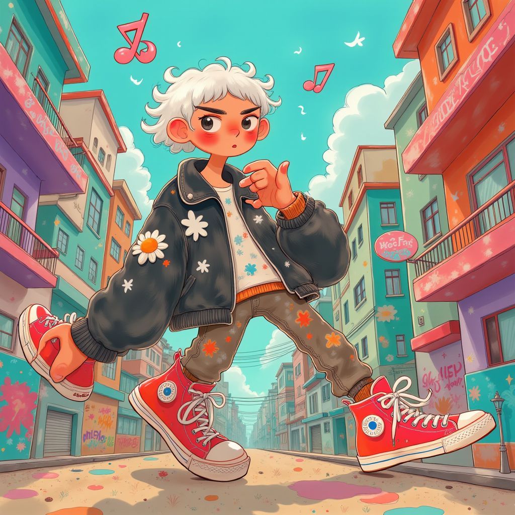 Hip-Hop AI Album Cover — A vibrant hip-hop album cover featuring a young man with white hair and a flower crown in a colorful urban landscape; surreal elements like oversized sneakers and musical notes flying around, with graffiti art in the background, bright lighting, dynamic atmosphere, bold colors, 8k resolution, highly detailed, energetic aesthetic