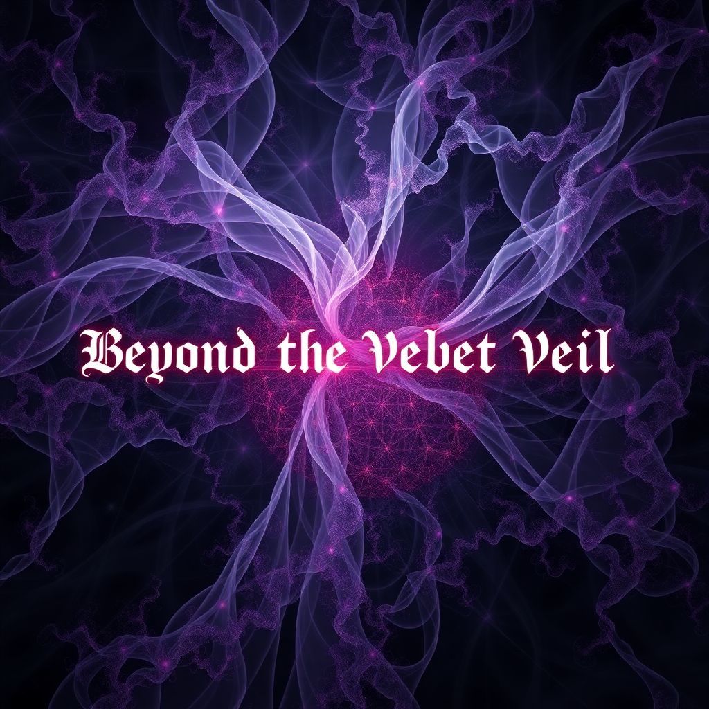 Metal AI Album Cover — A surreal metal album cover depicting an ethereal veil dissolving into mesmerizing fractal patterns; the title "Beyond the Velvet Veil" woven into the patterns with a glowing effect, dark and moody color palette with hints of deep purple and black, abstract and highly detailed, capturing a sense of mystery, 8k resolution.