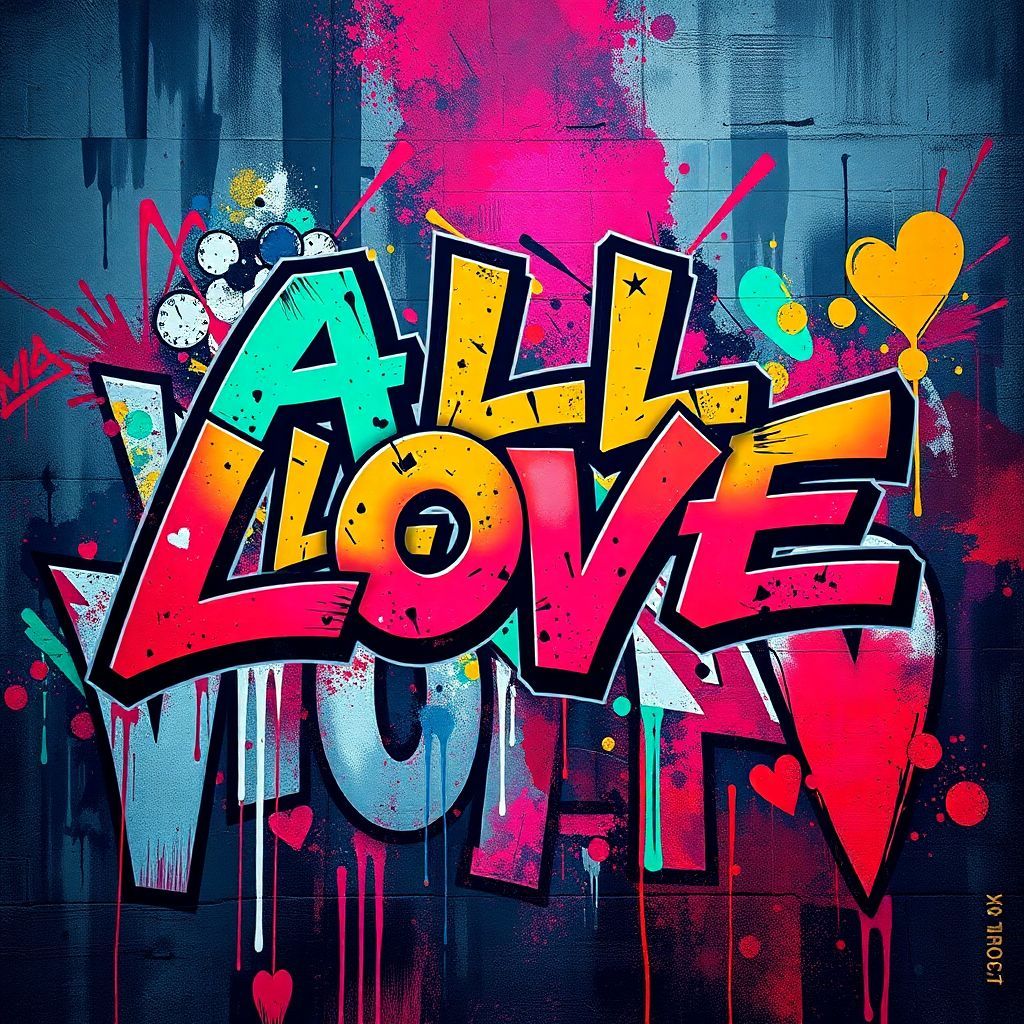 Hip-Hop AI Album Cover — A vibrant hip-hop album cover featuring bold graffiti art that integrates the title "ALL LOVE" in a dynamic, abstract style; bright colors, urban textures, expression of love and emotion, moody lighting, and a lively atmosphere, 8k resolution, highly detailed, artistic flair