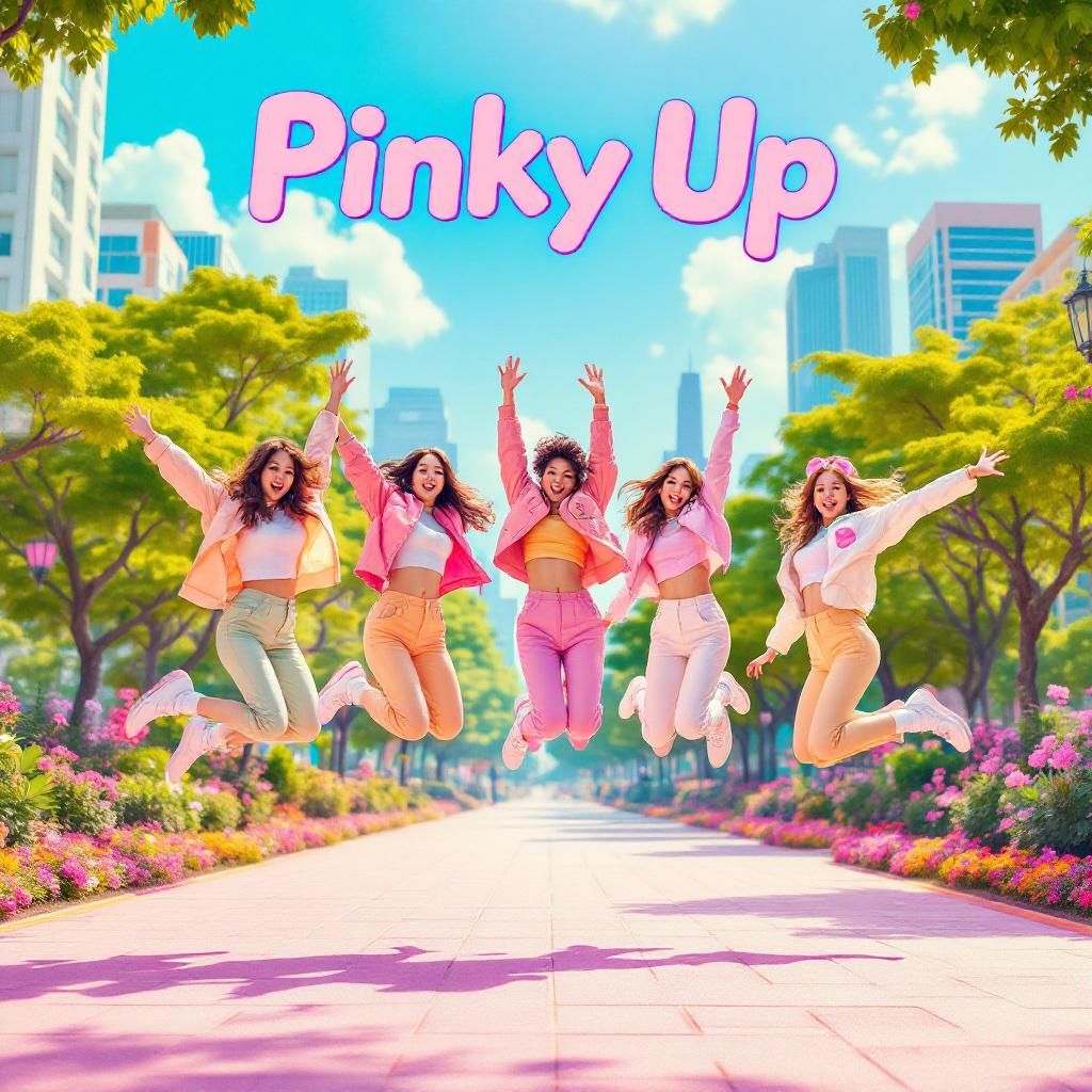 K-Pop AI Album Cover — A vibrant K-Pop album cover featuring a group of friends joyfully jumping in a colorful urban park, bright pastel colors, playful typography for the title 'Pinky Up', dynamic poses reflecting excitement and freedom, sharp focus and high detail, ethereal lighting creating a dreamy atmosphere, 8K resolution