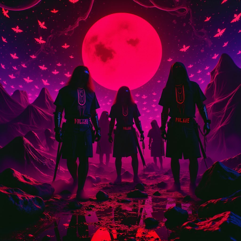 Metal AI Album Cover — A powerful illustration for 'Internal Venom - Dawn of the Gore Gods', featuring fierce cavemen as shadowy figures under a blood-red sun, surreal and vibrant colors contrasted with dark tones, highly detailed and dynamic; focus on primal energy and mystical gods with an ethereal, psychedelic atmosphere, 8k resolution