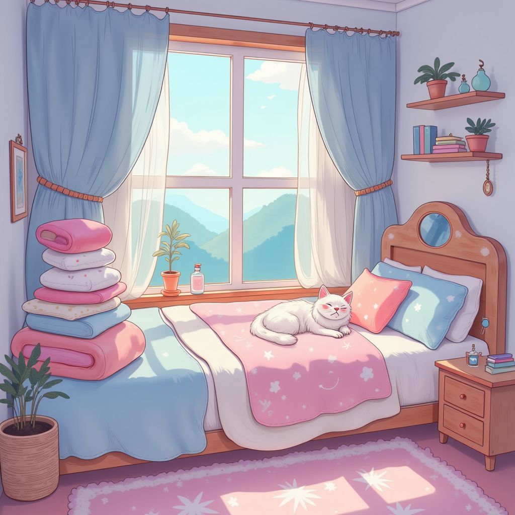 Lo-Fi AI Album Cover — A dreamy, whimsical illustration of a cozy bedroom with a bed piled high with pillows, a cute cat sleeping by the window, soft pastel colors, ethereal lighting that glows like moonlight, detailed textures, highly detailed and calming ambiance, perfect for lo-fi beats, 8k resolution