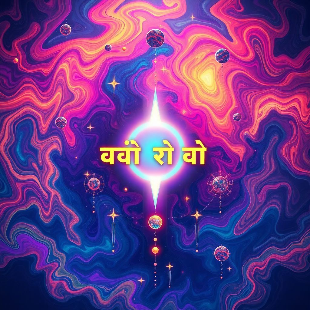 Rock AI Album Cover — A psychedelic rock album cover featuring vibrant swirling colors, with the title "මැවෙනා අපේ මතකේ" integrated as an ethereal glow at the center; abstract shapes and dreamlike motifs surrounding the title, highly detailed, 8k resolution, moody atmosphere, captivating and immersive design.