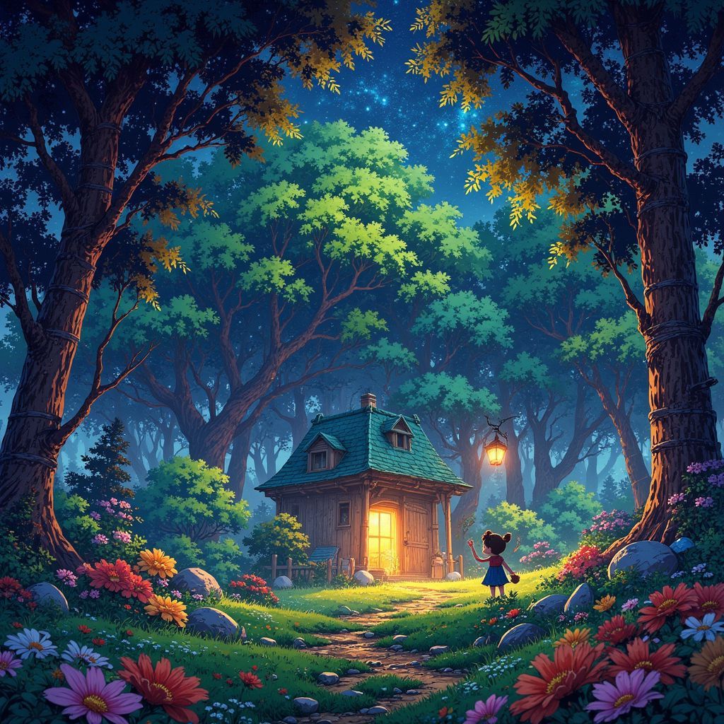Soundtrack AI Album Cover — A whimsical soundtrack album cover featuring a floating, enchanted forest with glowing trees and smiling, ethereal creatures; styled in Ghibsky illustration with vibrant colors, dreamy lighting, and intricate details; high quality, magical atmosphere, 8k resolution