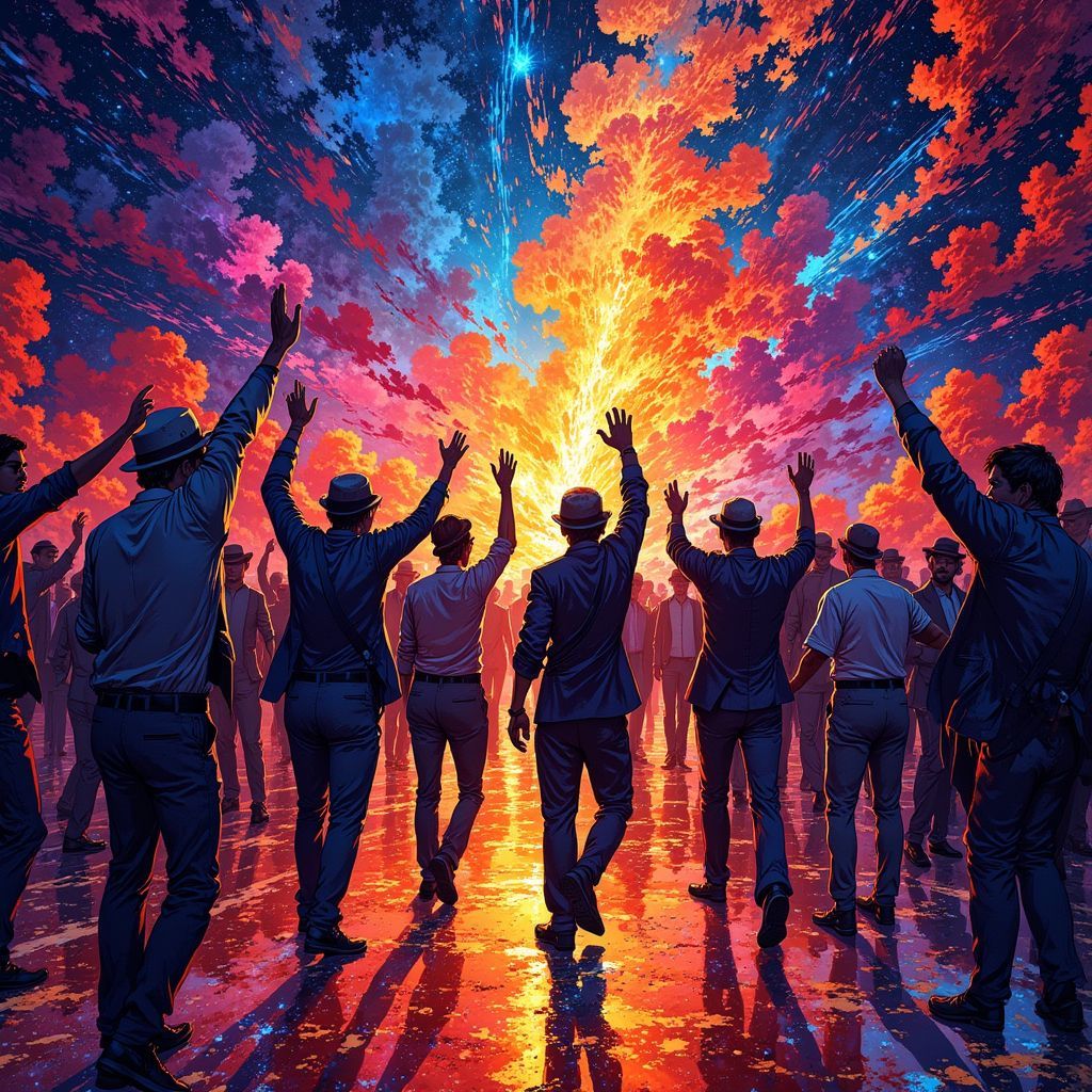 Jazz AI Album Cover — A vibrant jazz album cover featuring an abstract representation of a dynamic dance floor; figures raising their hands in celebration, colorful lights and swirling patterns creating an energetic atmosphere, saturated colors with blues and golds, highly detailed, professional quality, 8k resolution, capturing the essence of rhythm and excitement