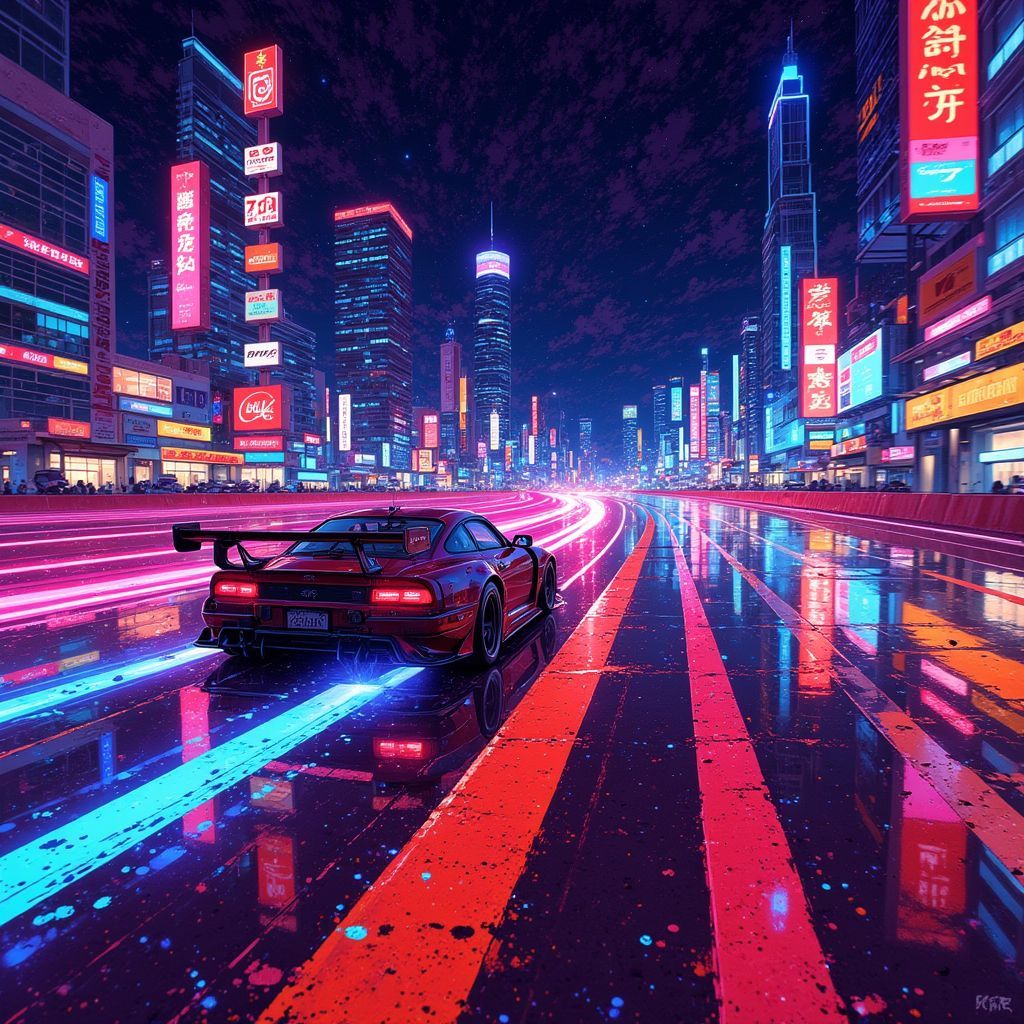 Techno AI Album Cover — A vibrant techno album cover featuring a racing car speeding down a neon-lit city road, in the style of Ghibsky Illustration; psychedelic colors with glowing light trails, high-speed motion blurred background, dynamic energy, highly detailed, 8k resolution, electrifying atmosphere, capturing the thrill of the race