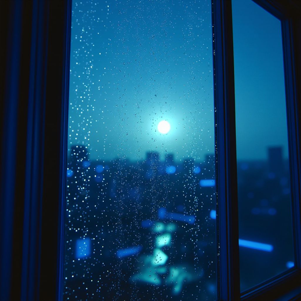 Meditation AI Album Cover — A dreamy album cover depicting raindrops on a window pane, with a soft, ethereal glow under a pale-lit moon; colors of blue and silver blend, creating a tranquil atmosphere; highly detailed, surreal style, 8k resolution, soothing and peaceful feel
