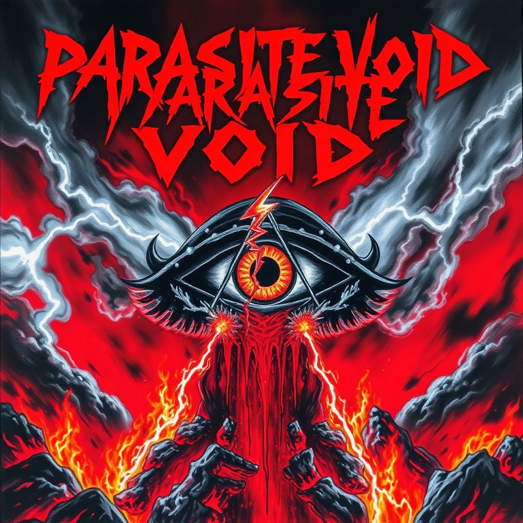 Metal AI Album Cover — An 80's hand-painted thrash metal album cover featuring a realistic black and white outlined Illuminati eye, pierced by a bloody lightning bolt, surrounded by flames; with a red stormy background, jagged red letters displaying the title "PARASITE VOID" at the top; atmospheric with intense lighting, high detail, and a color palette of blacks, whites, reds, and oranges, 8k quality