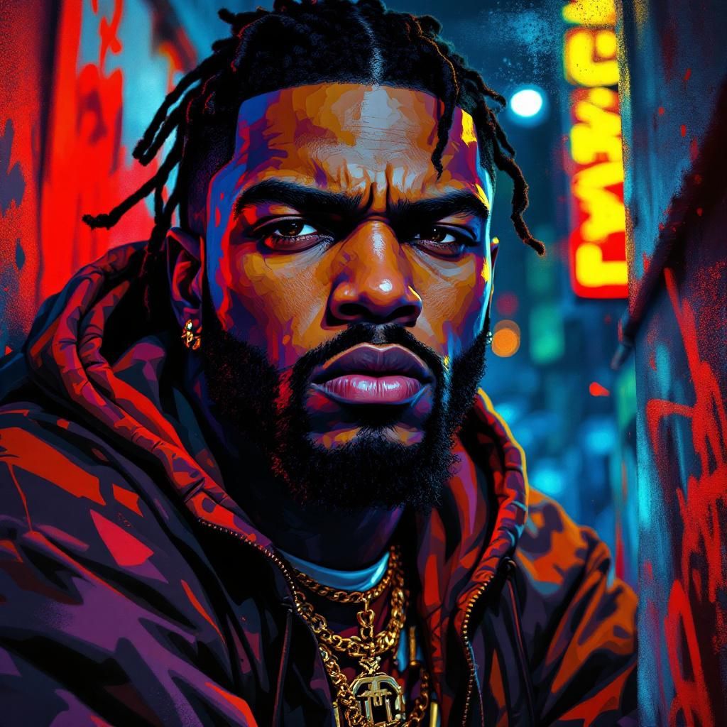 Rap AI Album Cover — A dynamic album cover featuring a close-up of a rapper with intense expression, surrounded by abstract graffiti art and vibrant urban textures; moody lighting with neon highlights reflecting off the background, showcasing deep blues and fiery reds; highly detailed, 8k resolution, vibrant and engaging aesthetic.