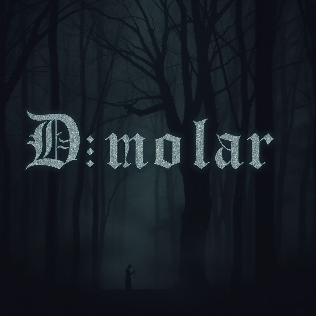 Rock AI Album Cover — A moody, rock-themed album cover featuring a lone figure playing a zither in a misty black forest; ethereal lighting highlighting the title "D_Mon_-_modar_" integrated into the tree branches, dark greens and browns; high quality, highly detailed, atmospheric feel, 8k resolution.