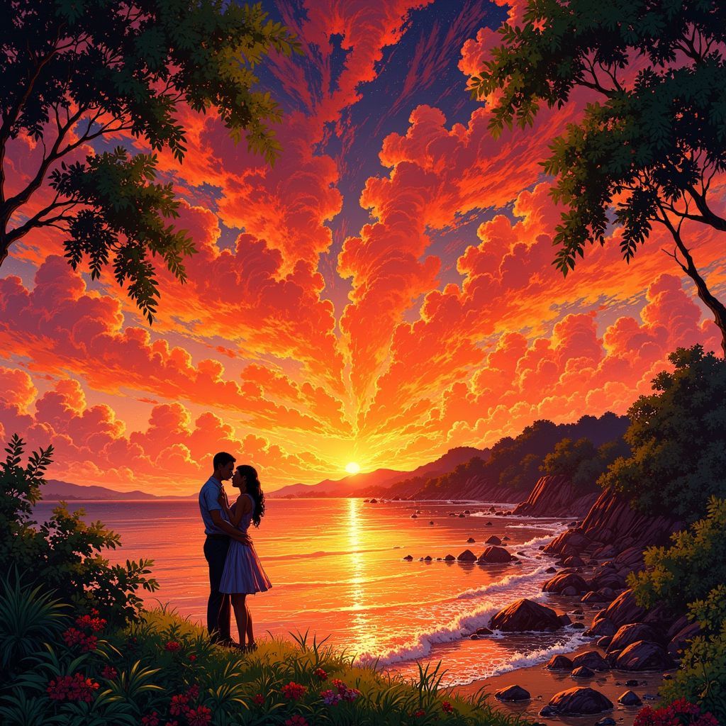 Afrobeat AI Album Cover — A dreamy afrobeat album cover featuring a vibrant sunset backdrop, silhouetted lovers embracing amidst cascading leaves; ethereal lighting with soft glows, rich oranges, and greens; highly detailed, surreal style in the spirit of Ghibsky, evoking themes of love and longing, 8k resolution.